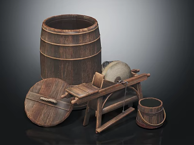 Vintage Rustic Wooden Barrel Setup With Stone Mill And Small Bucket Design 3d model