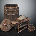 Vintage Rustic Wooden Barrel Setup With Stone Mill And Small Bucket Design 3d model