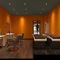Elegant Beauty Hair Salon Interior With Orange Walls Gray Ceiling White Vanities Mirrors And Chairs