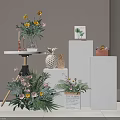 Decorative Ornament Set With Flower Bouquets Pineapple Ornaments Green Plants And White Display Stands