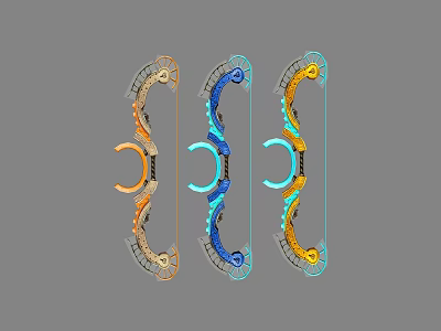 Three Different Colored Decorative Patterned Bows As Traditional Archery Weapons 3d model