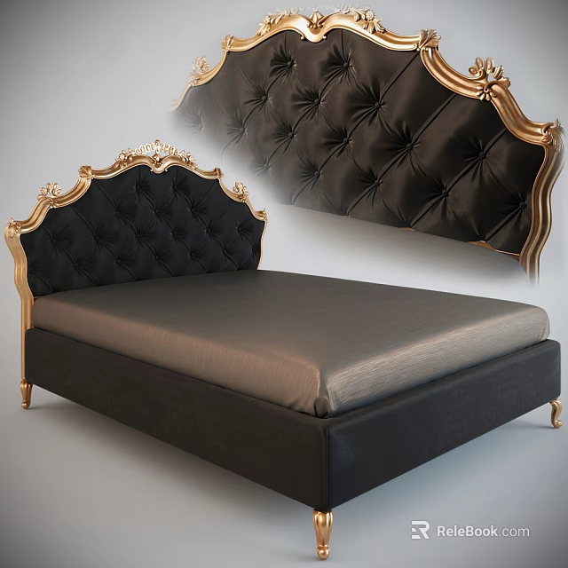 Elegant Luxurious Double Bed with Tufted Black Headboard and Gold Accents 3d model 