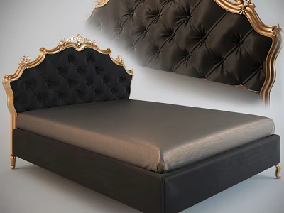 Elegant Luxurious Double Bed with Tufted Black Headboard and Gold Accents 3d model