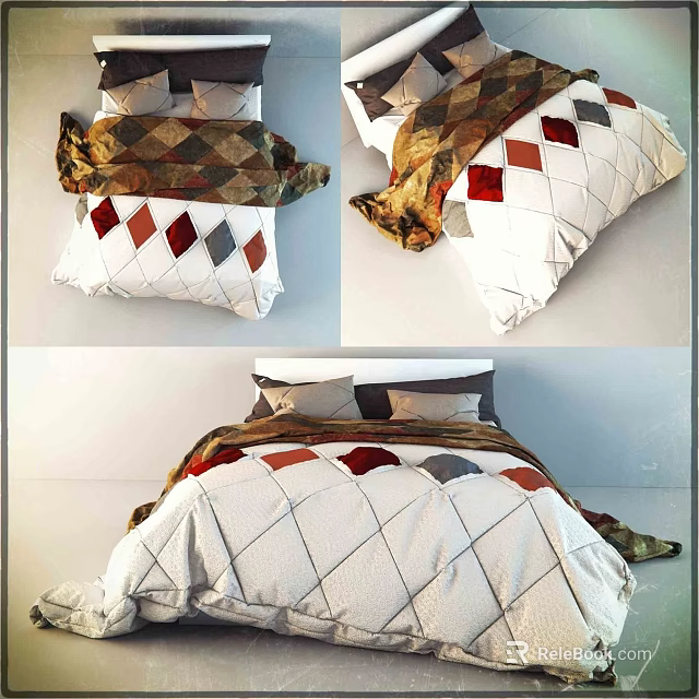 Double Bed With Soft Diamond Pattern Bedspread Pillows And Warm Blanket 3d model 