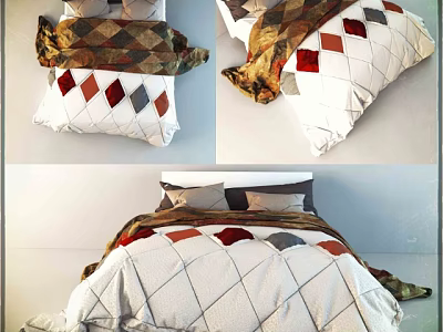 Double Bed With Soft Diamond Pattern Bedspread Pillows And Warm Blanket 3d model