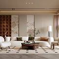 Elegant Modern Living Room Interior Design With White Sofa Geometric Rug And Decorative Paintings