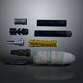 Different Types of Weapon Components Featuring Black Cylindrical Parts and Patterned Accessories