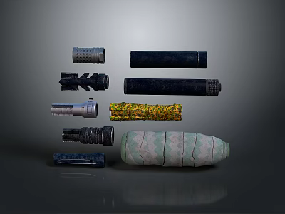 Different Types of Weapon Components Featuring Black Cylindrical Parts and Patterned Accessories 3d model