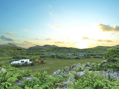 Breathtaking Sunset Scenic View With Green Vineyards White Buildings Rocks Ferns And Mountains 3d model