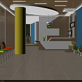 School Lobby With Colorful Chairs Reception Desk And Green Plants