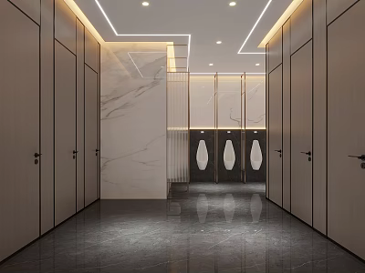 Modern High End Public Toilet Interior With Marble Walls Sleek Stalls And Soft Indoor Lighting 3d model
