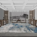 Modern Chinese Hotel Public Lounge Area With Wooden Sofas Decorative Paintings And Area Rug