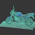 Stylish Blue Motorcycle Side View With Black Seat On Gray Platform