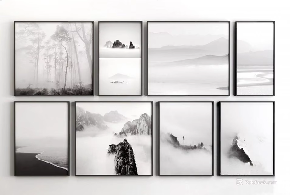 Black and White Landscape Paintings With Mountain Sea Forest And Foggy Nature Scenes 3d model 