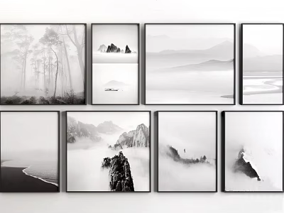 Black and White Landscape Paintings With Mountain Sea Forest And Foggy Nature Scenes 3d model