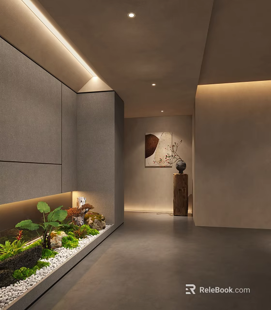 Modern Elevator Hallway Interior With Gray Walls Soft Lighting Artwork And Plants 3d model 