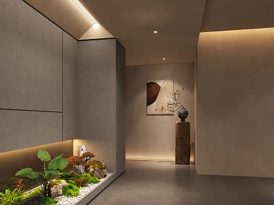 Modern Elevator Hallway Interior With Gray Walls Soft Lighting Artwork And Plants 3d model