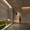 Modern Elevator Hallway Interior With Gray Walls Soft Lighting Artwork And Plants 3d model
