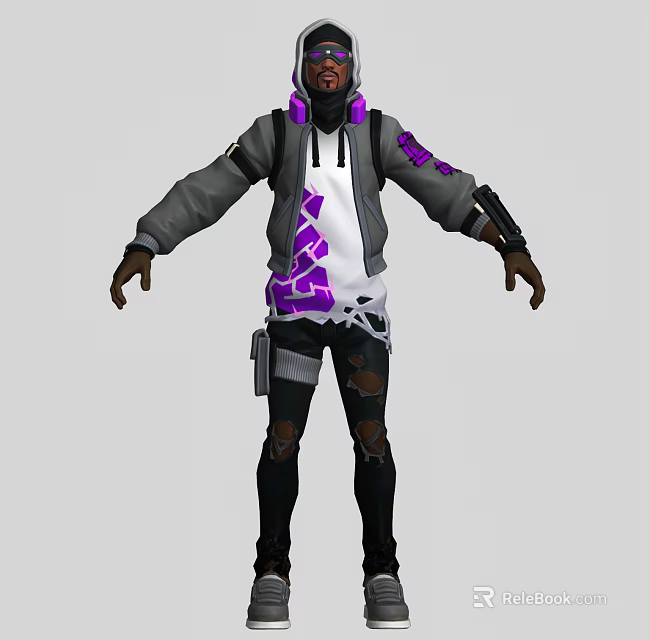 Game Movie Character In Hooded Gray White Jacket With Purple Patterns And Black Ripped Pants 3d model 