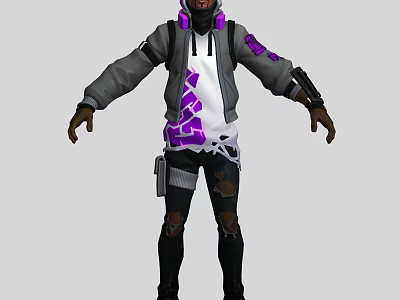 Game Movie Character In Hooded Gray White Jacket With Purple Patterns And Black Ripped Pants 3d model