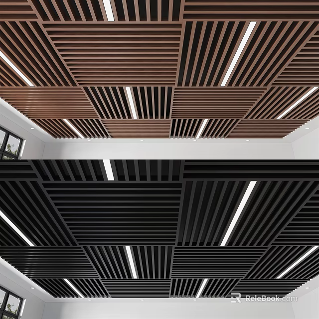 Contemporary Slatted Ceiling Design Featuring Wooden Panels And LED Strip Lights 3d model 