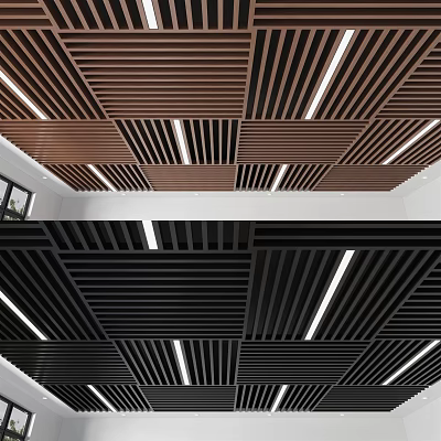 Contemporary Slatted Ceiling Design Featuring Wooden Panels And LED Strip Lights 3d model
