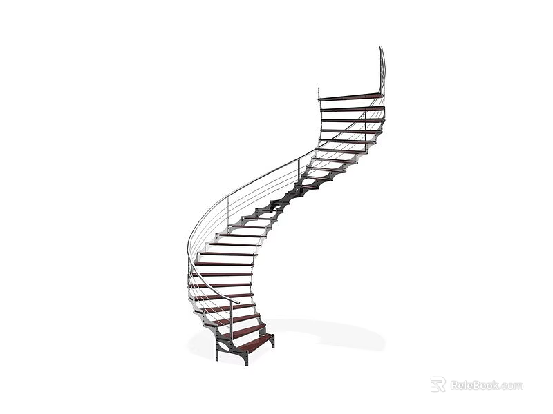 Modern Stylish Spiral Staircase Design With Wooden Steps And Metal Handrail 3d model 