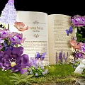 Whimsical Photo Spot With Open Book Purple Pink Flowers Butterflies White Bunnies And Green Grass