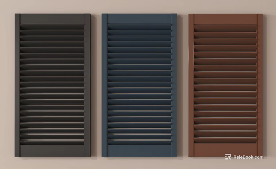 Window Shutters in Black Blue Brown Colors Arranged Side by Side 3d model