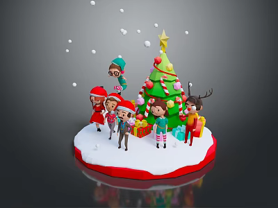 Group of People Celebrating Christmas Around Decorated Tree With Gifts Snowflakes And Santa Hats 3d model