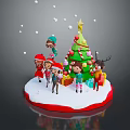 Group of People Celebrating Christmas Around Decorated Tree With Gifts Snowflakes And Santa Hats