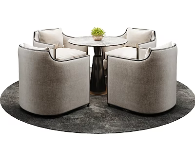 Leisure Sofa Set Beige Curved Four-Piece With Round Marble Table Green Plant Dark Round Rug 3d model
