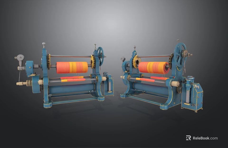 Two Blue Industrial Calendering Machines With Orange And Yellow Rollers 3d model 