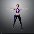 Woman in Blue Halter Top and Black Tight Pants with Arms Outstretched on Gray Background