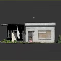 Single Story Building Exterior With Gray Roof Windows And Green Plants