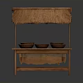 Rustic Food Selling Stand with Thatched Roof and Wooden Structure Holding Bowls