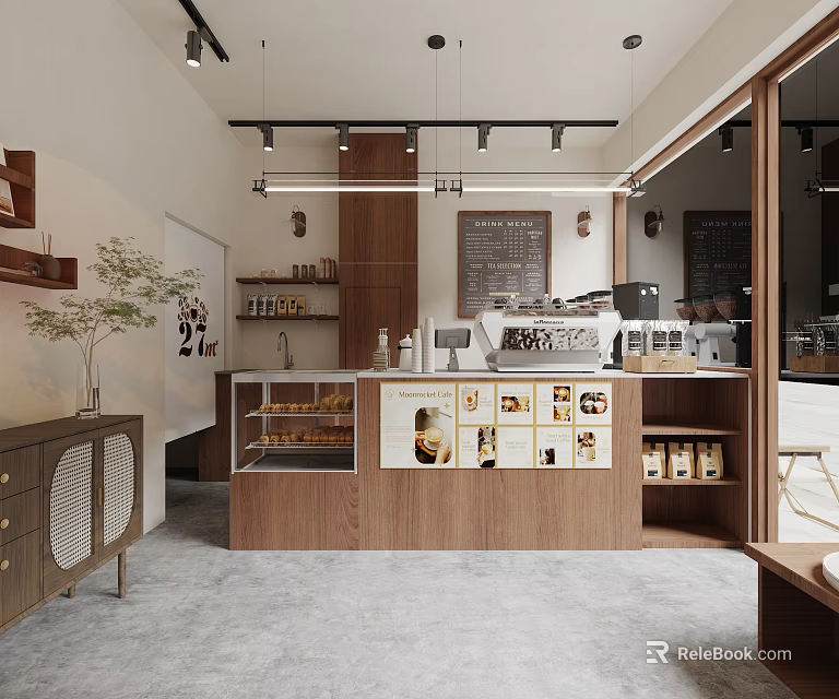 Modern Café Interior Design With Wooden Coffee Bar Bakery Display And Pendant Lights 3d model 