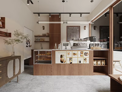 Modern Café Interior Design With Wooden Coffee Bar Bakery Display And Pendant Lights 3d model