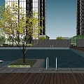 Modern Urban Commercial Complex with High Rise Buildings Central Plaza Green Spaces and Water Features