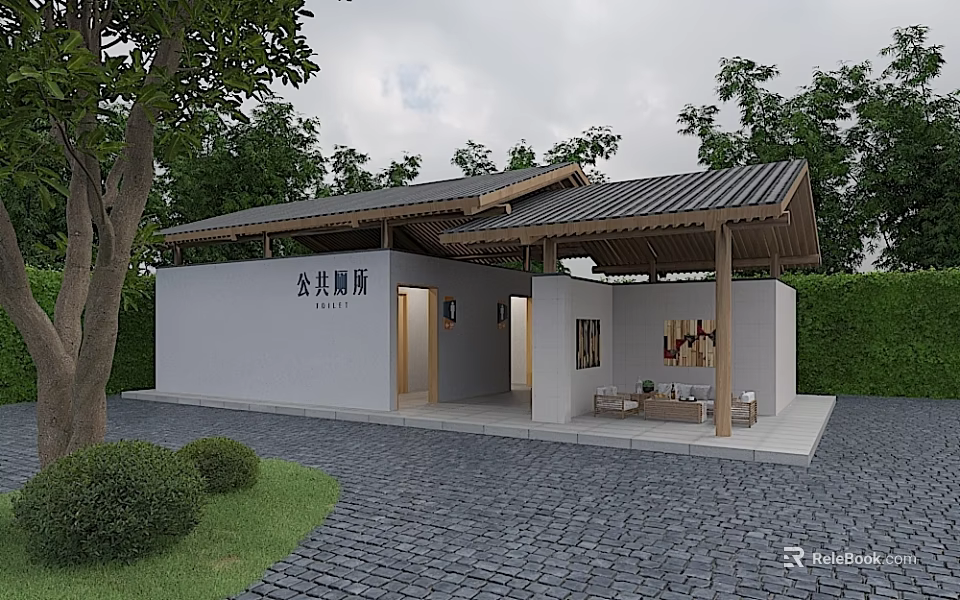 Modern Public Toilet Building Featuring Sloped Roof And Stone Pavement With Trees And Lawn 3d model 