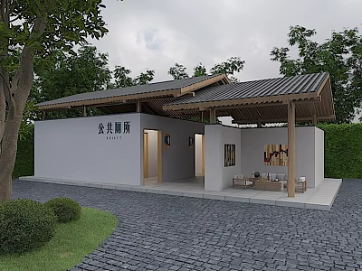 Modern Public Toilet Building Featuring Sloped Roof And Stone Pavement With Trees And Lawn 3d model