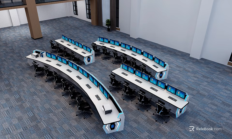 Modern office desk and chair sets with curved design multiple monitors and black chairs 3d model 