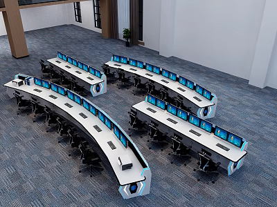 Modern office desk and chair sets with curved design multiple monitors and black chairs 3d model