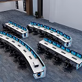 Modern office desk and chair sets with curved design multiple monitors and black chairs