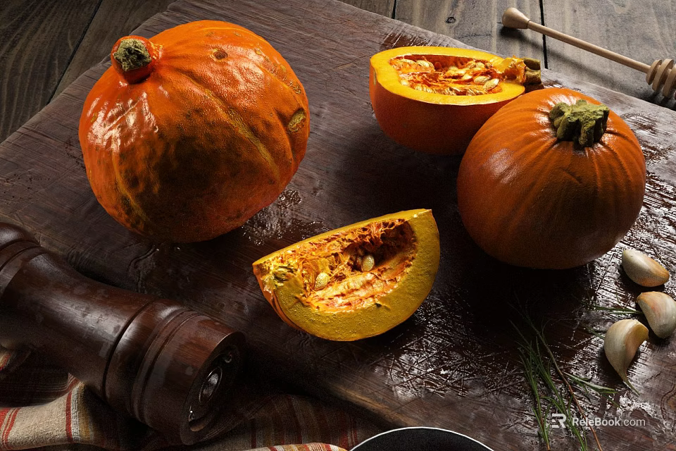 Fresh Organic Pumpkins Whole and Sliced on Wooden Board with Garlic Herbs and Pepper Grinder 3d model 