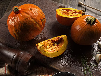 Fresh Organic Pumpkins Whole and Sliced on Wooden Board with Garlic Herbs and Pepper Grinder 3d model