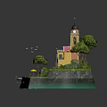 Vibrant Cartoon Scene of Small Island with Colorful Buildings Bell Tower Trees and Boat