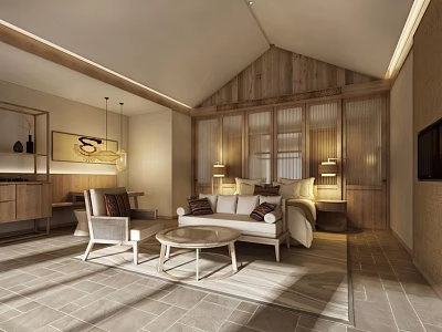 Hotel Guest Room Interior With Wooden Ceiling Natural Light Sofa Coffee Table And Bed 3d model