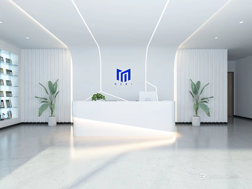 Modern Minimalist Reception Desk with Logo on Background Wall Vertical Striped Walls and Green Plants 3d model 