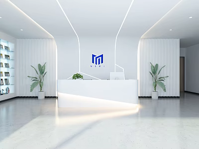 Modern Minimalist Reception Desk with Logo on Background Wall Vertical Striped Walls and Green Plants 3d model